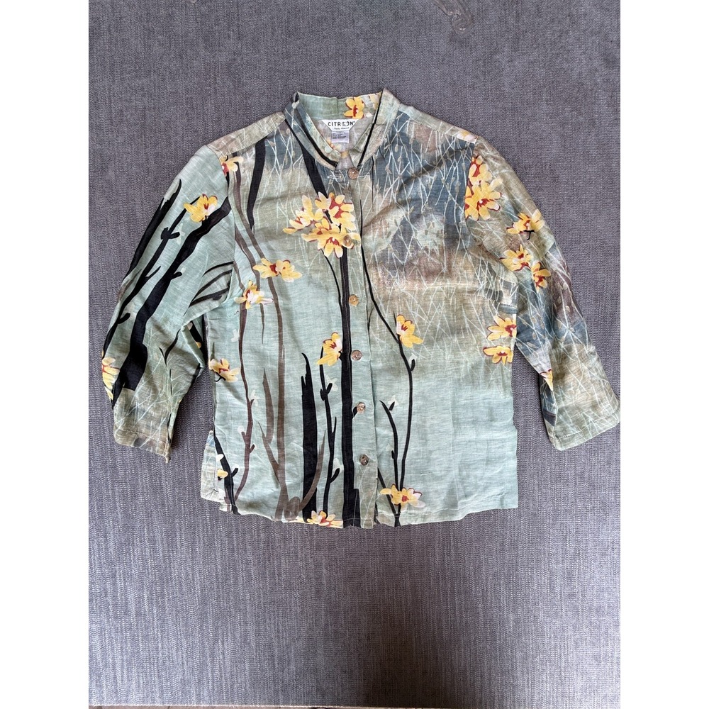 CITRON Santa Monica Shirt Top Women S Green Floral Linen Silk Blend Button Front